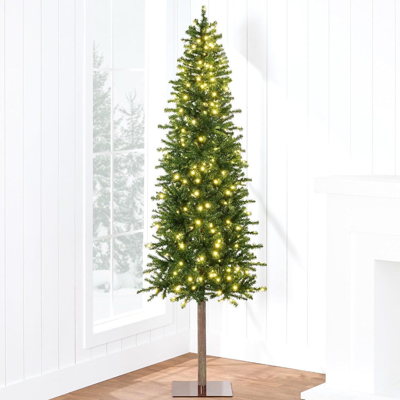 Pre Lit Pencil Christmas Tree Slim Alpine Design with LED Lights, Hinged Branches & Metal Stand